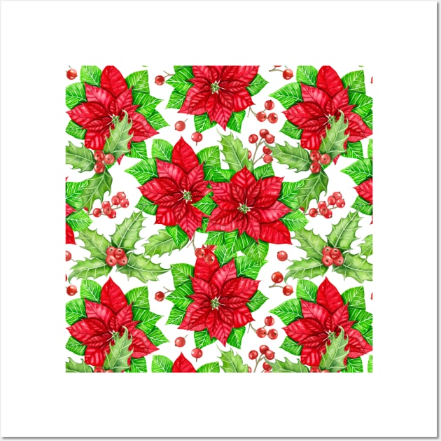 Poinsettia and holly berry watercolor Christmas pattern Wall Art by katerinamk